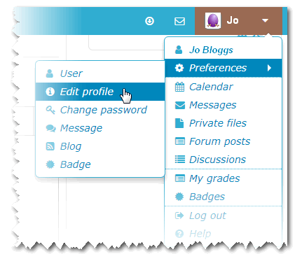 Your Moodle account preferences and quick links menu