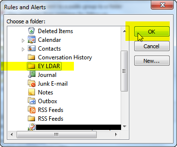 Locate the and highlight the folder you just created in your folder list and click OK